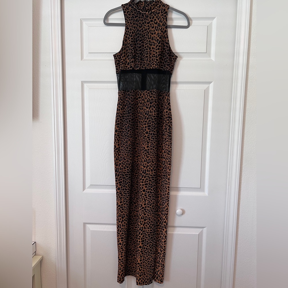 Maxi cheetah leopard print mesh insert dress with a slide slit